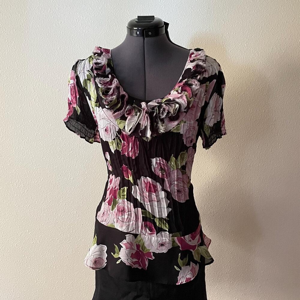 y2k vintage 2000s black pleated floral top whimsy fairy dark romantic twee